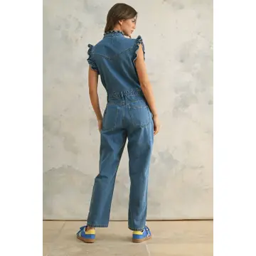 Denim Utility Jumpsuit with Ruffled Detail