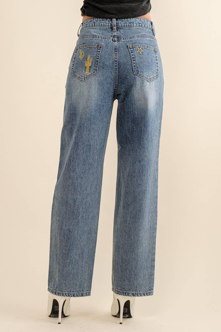 Straight Leg Embroidered Western Denim Jeans