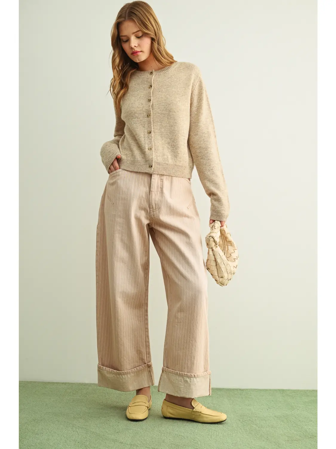 Simple Button Front Round Neck Sweater Cardigan - BEIGE