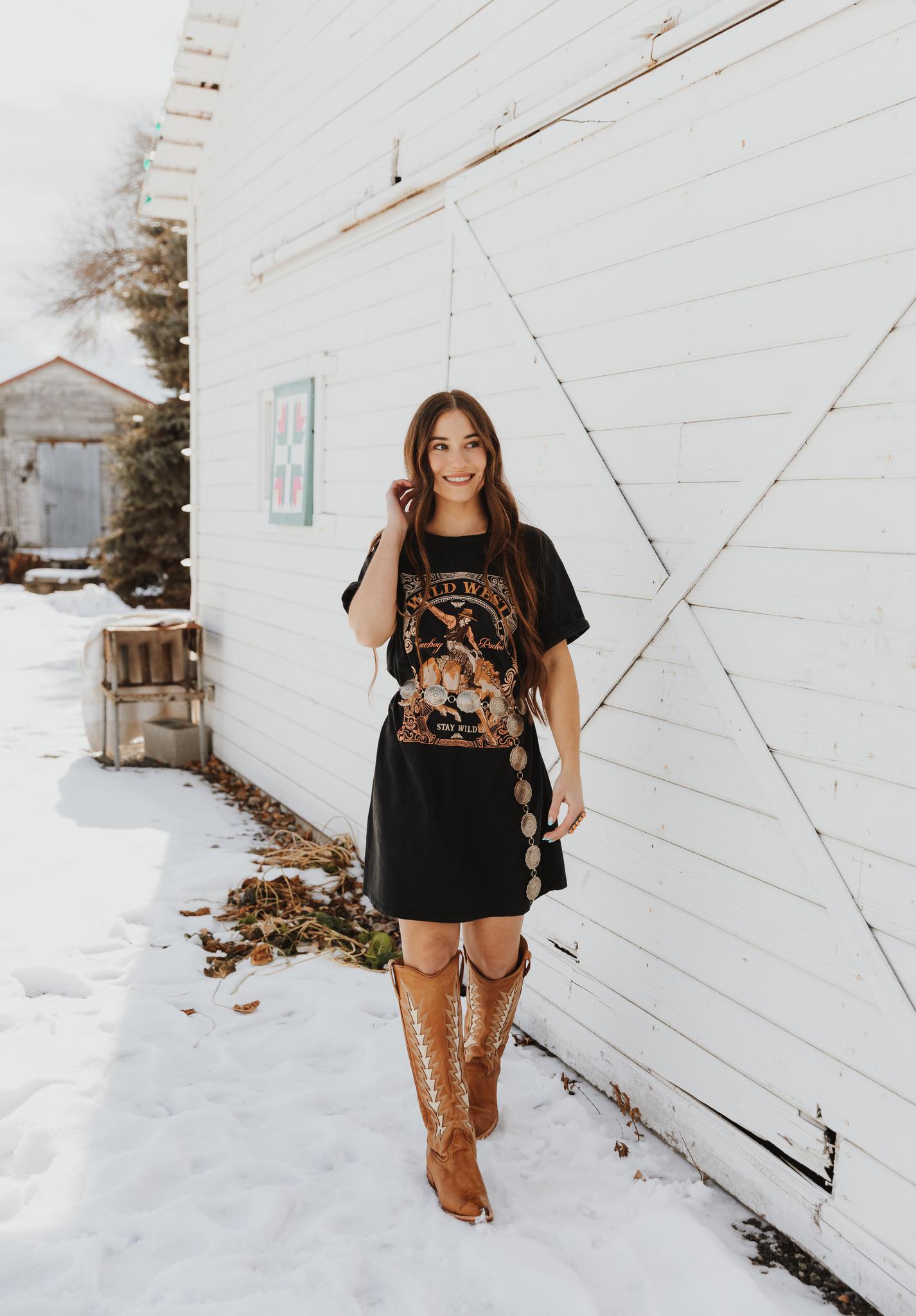 WILD WEST COWBOY RODRO GRAPHIC MINERAL WASHED DRESS - BLACK