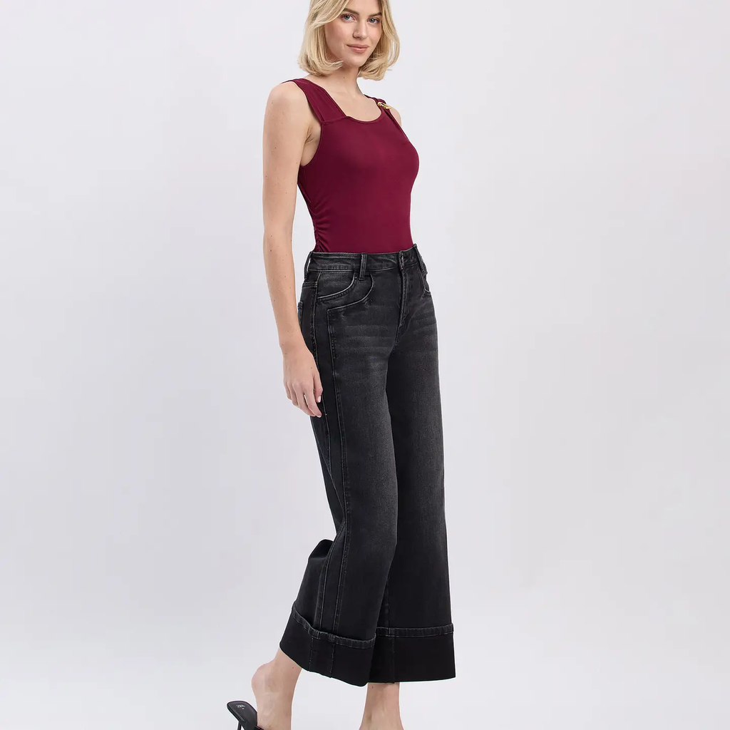 Super High Rise Cuffed Baggy Wide Jeans - Black