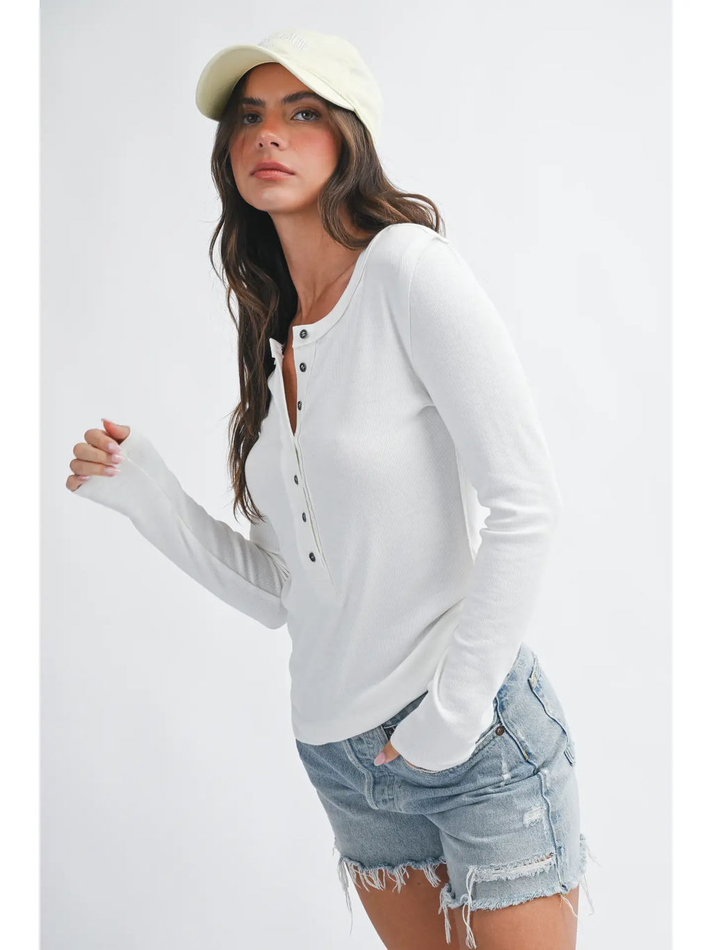 Henley Long Sleeve Top - WHITE
