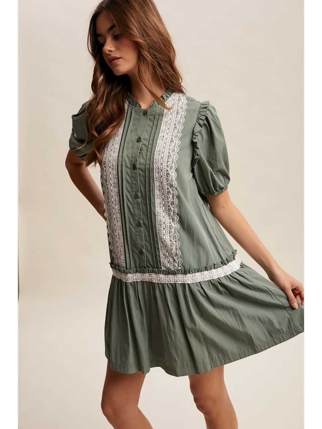 Lace Trimmed Babydoll Dress - EUCALYPTUS