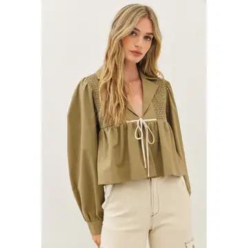 Soft Linen Smocked Babydoll Open Front Blouse with Bow - Lt. Olive