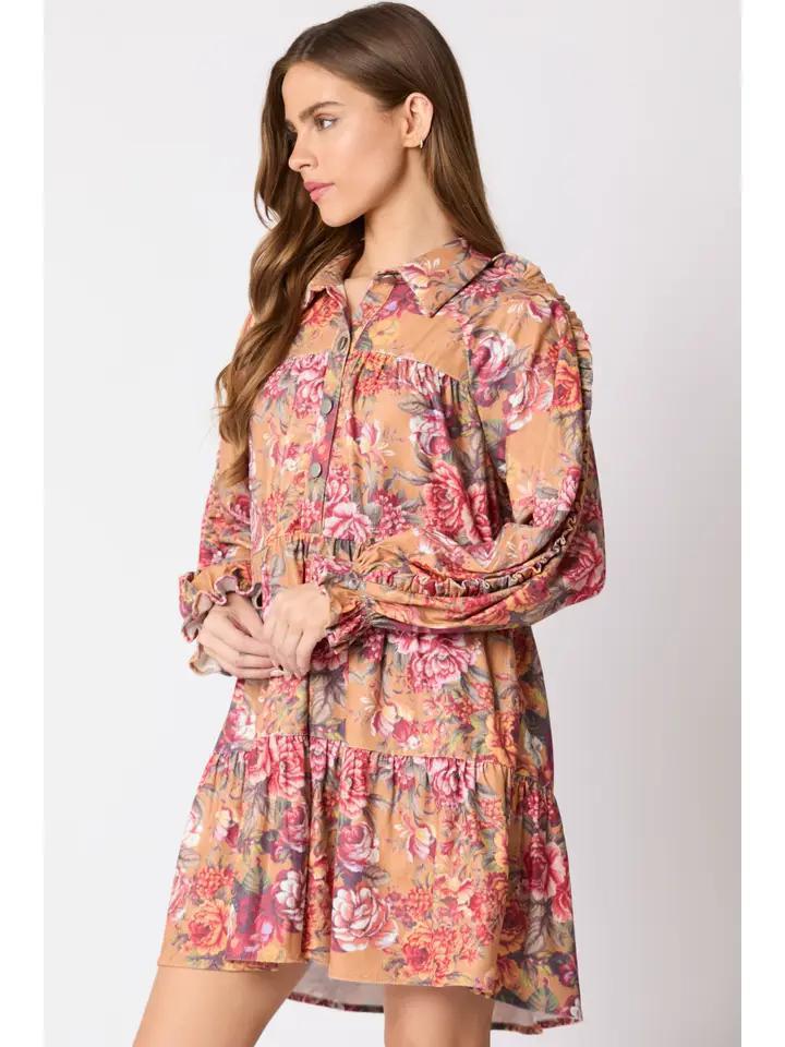 Vintage Floral Printed Corduroy Shirt Dress - Mustard