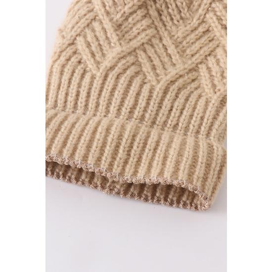 ALMOND CROSS CABLE KNIT POM POM BEANIE