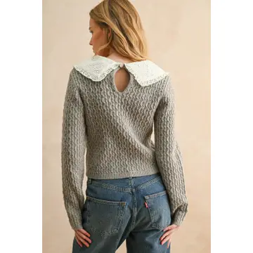 Long Sleeve Cable Knit with Crochet Collar