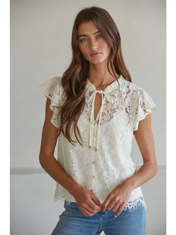Woven Cotton Nylon Lace Button Down Short Sleeve Top