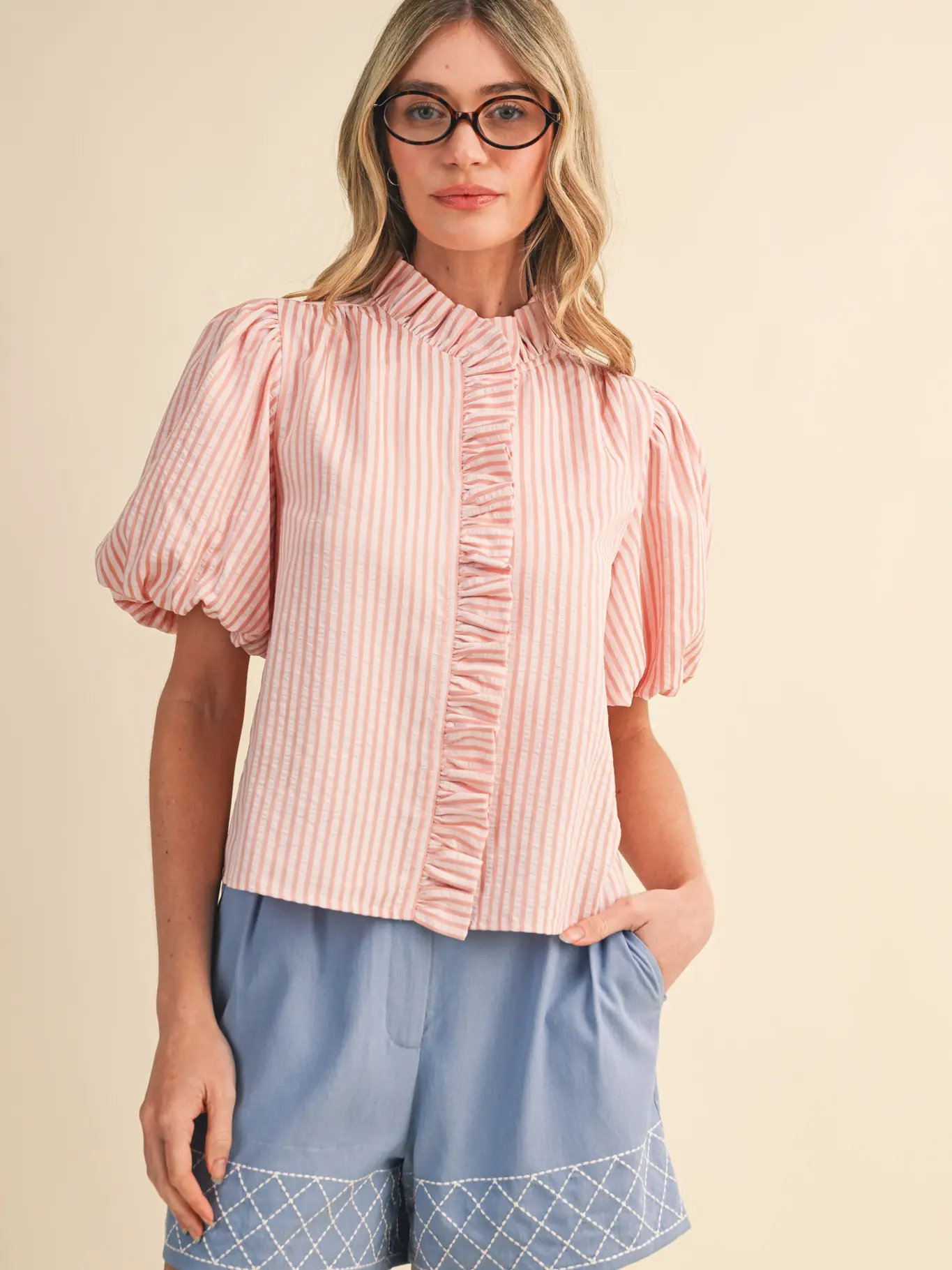 Striped Ruffled Button Down Top - PINK BLUSH