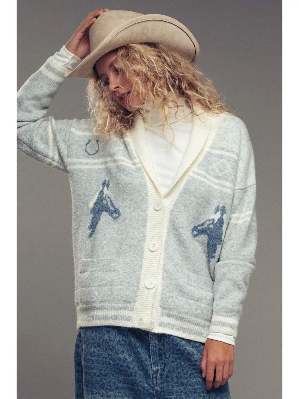 Horse Motif Shawl Collar Cardigan - GREY