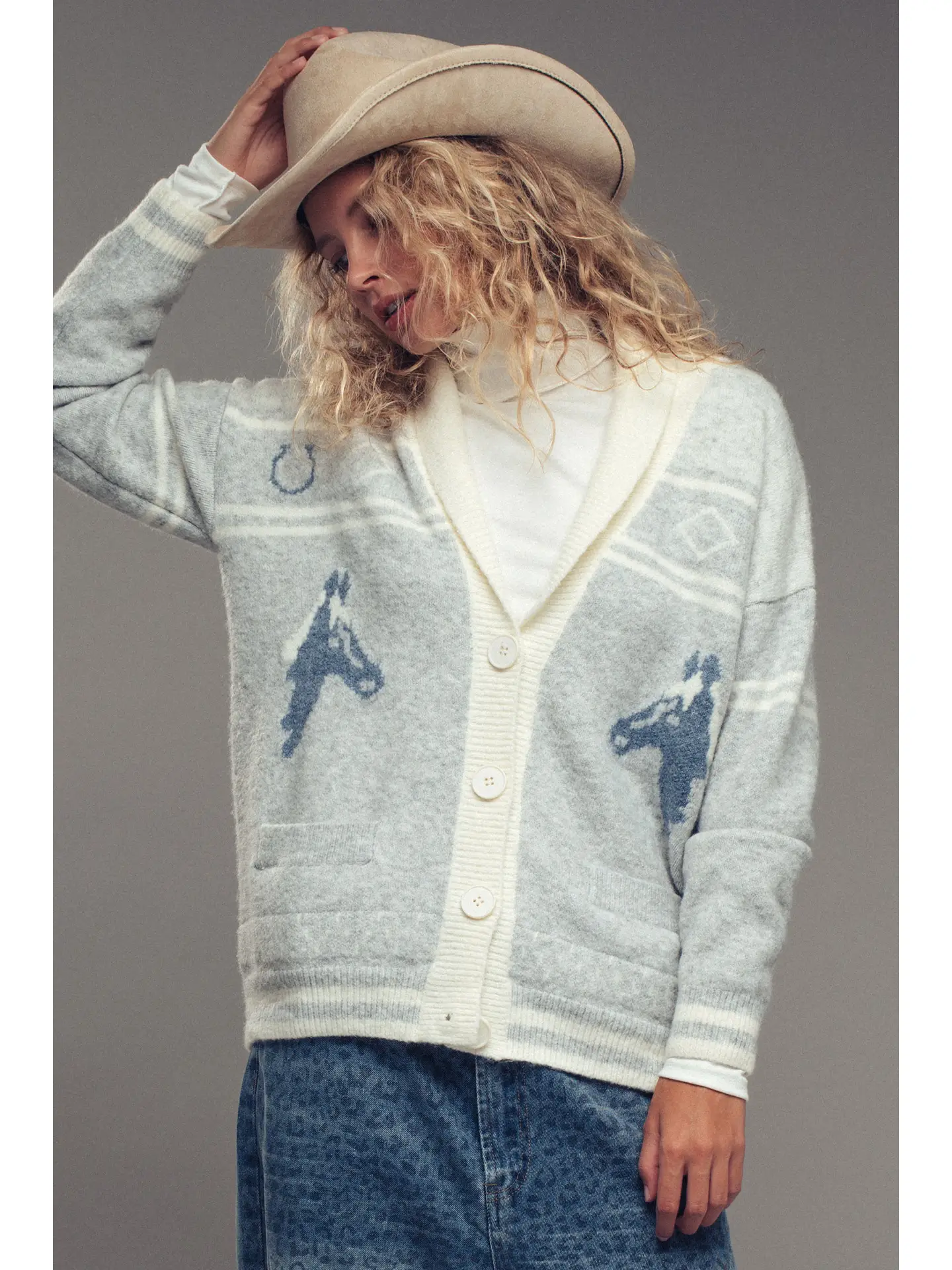 Horse Motif Shawl Collar Cardigan - GREY
