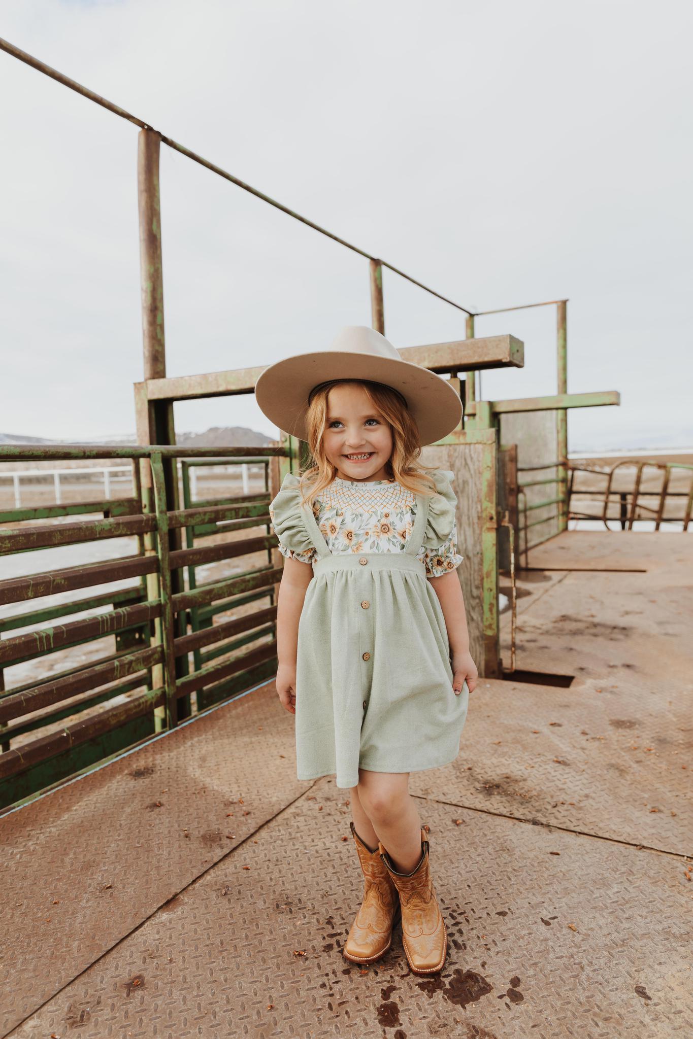 GIRLS SAGE RUFFLE SUSPENDER DRESS