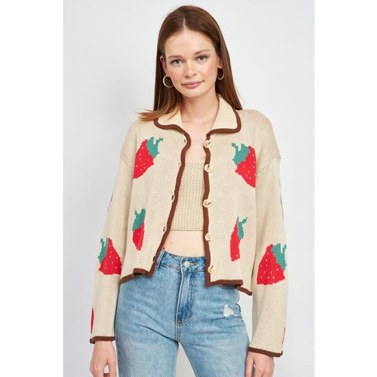 STRAWBERRY PRINT CONTRASTED CARDIGAN