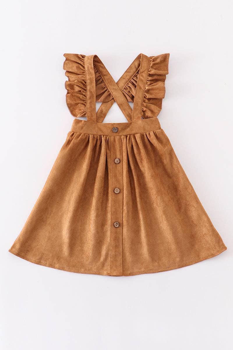 GIRLS KHAKI RUFFLE SUSPENDER DRESS