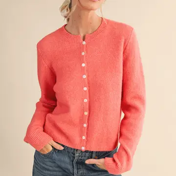Marled Knit Sweater Cardigan - CORAL RED