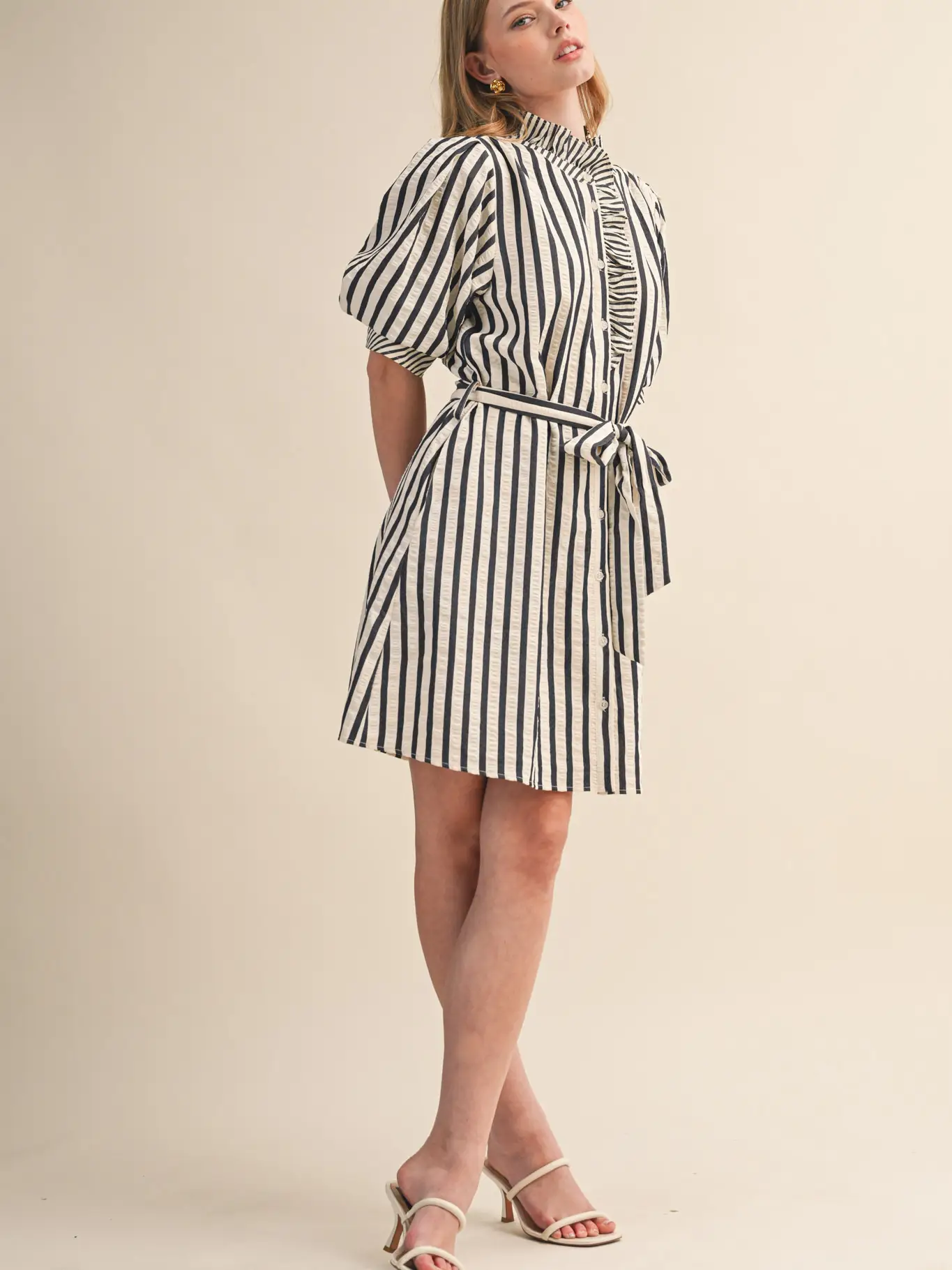 Striped Ruffled Button Down Mini Dress - BLACK STRIPE