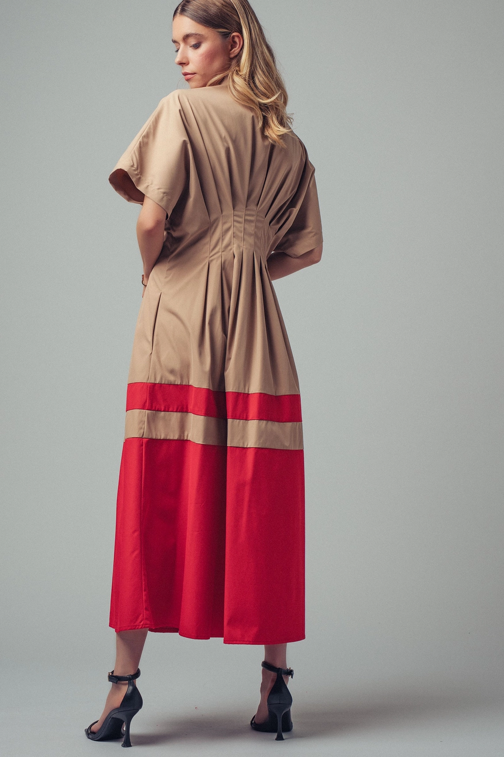 Colorblock Button-Up Cotton Midi Dress - CAMEL