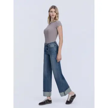 Mid Rise Pin Tuck Cuffed Baggy Wide Jeans F6323