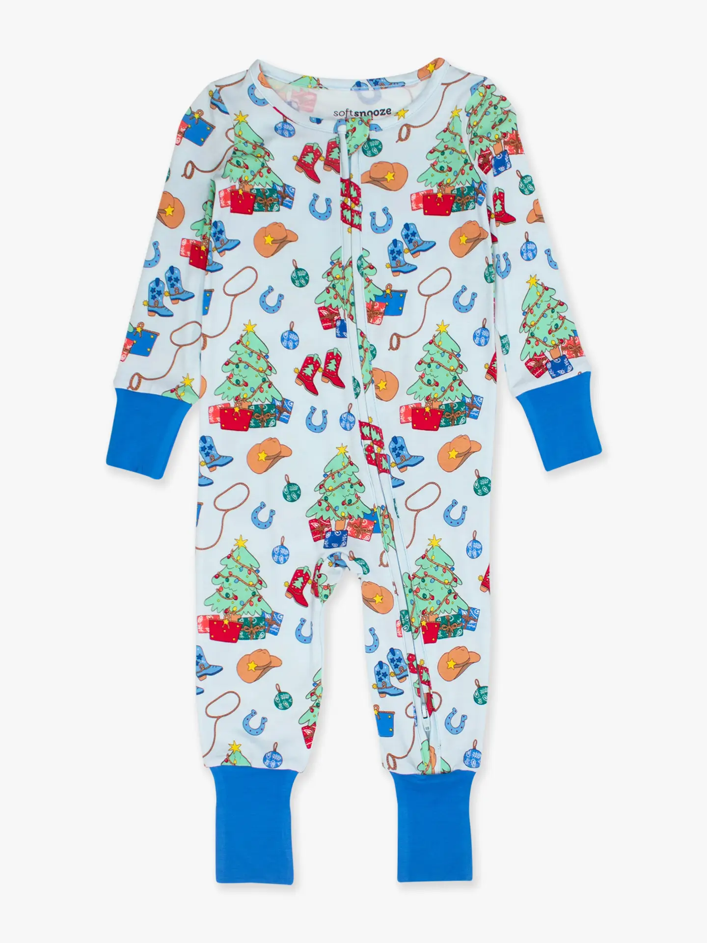 Softsnooze™ Baby Bamboo Viscose Blue Yuletide Yeehaw Convertible One Piece Footie Pajama