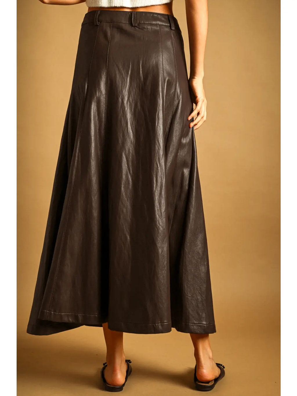 Faux Leather Button Front Long Skirt