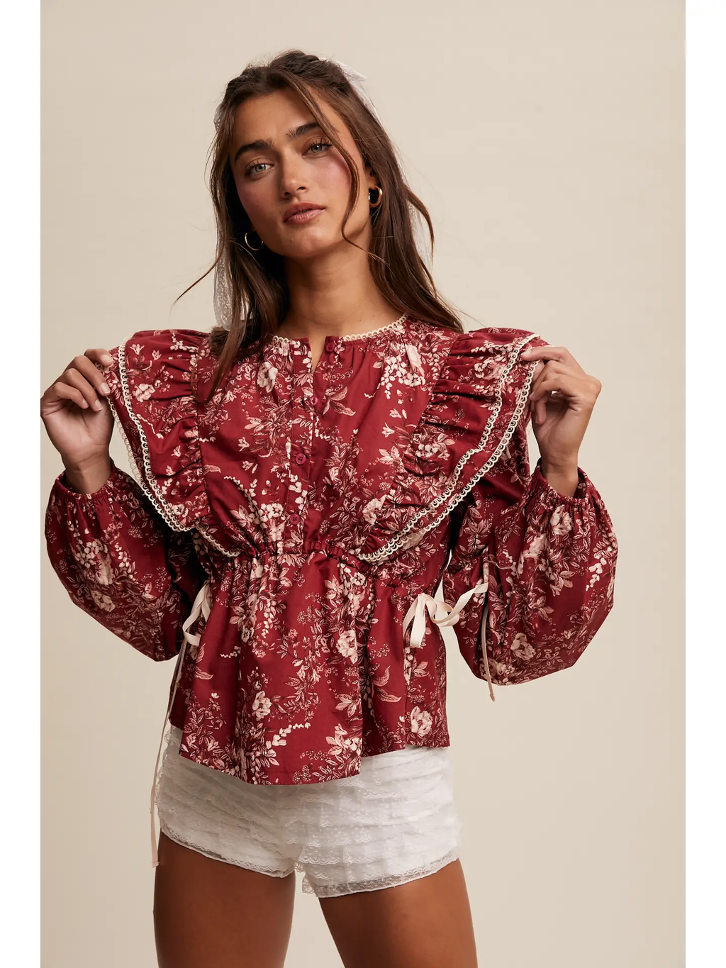 Victorian Floral Ruffle Blouse - CRIMSON