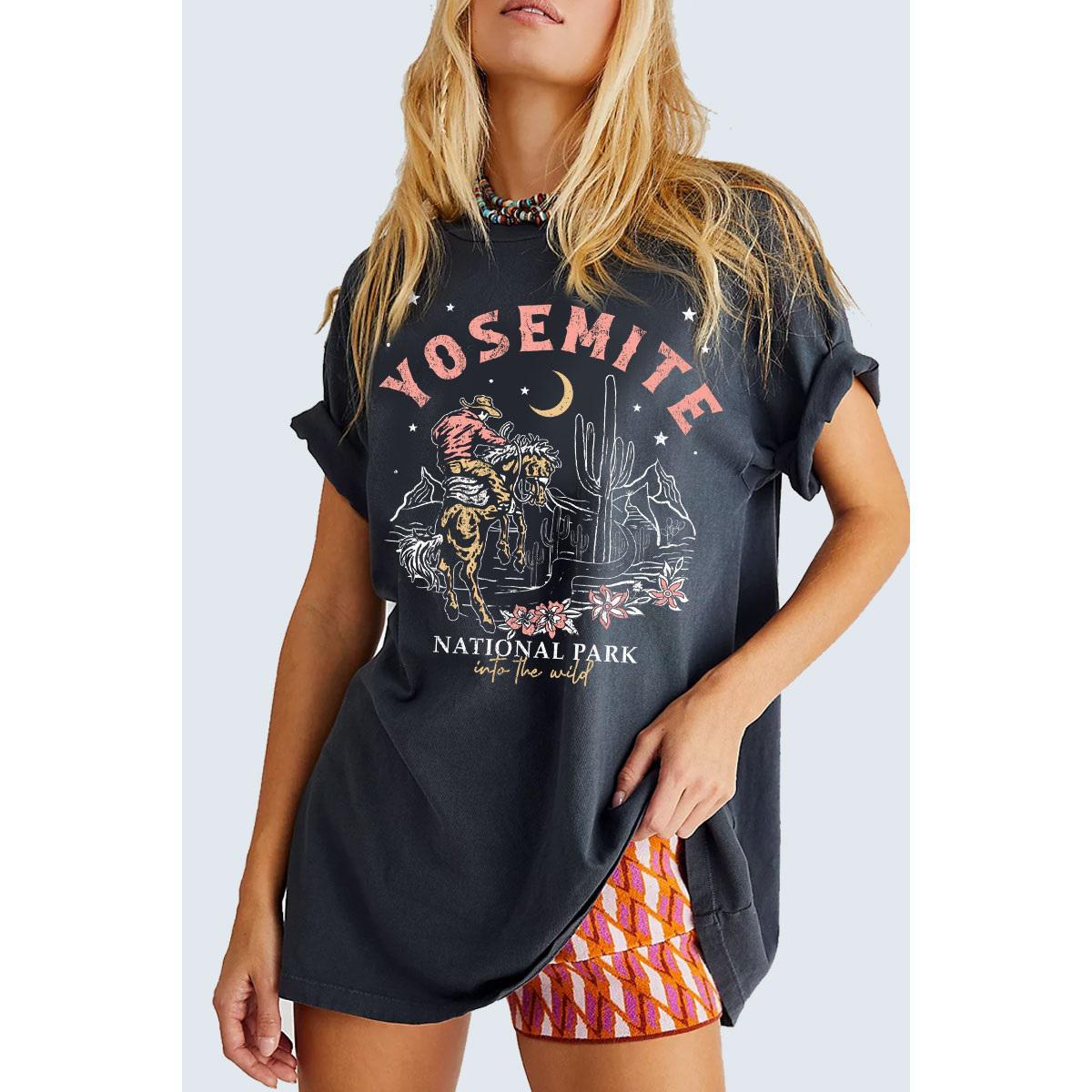 YOSEMITE COWBOY FLOWER CUCTUS OVERSIZED MINERAL BLACK WASHED T SHIRT