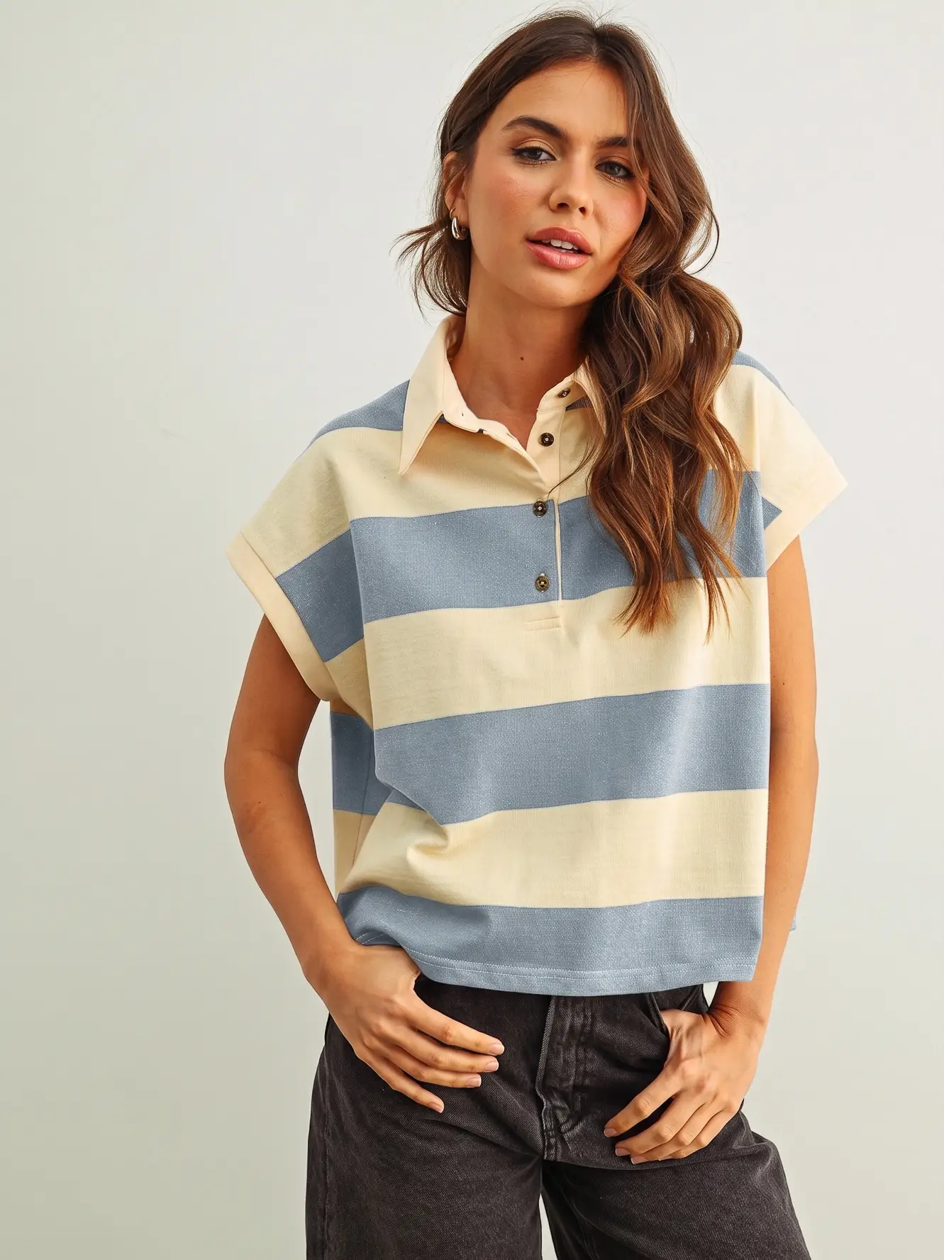 Wide Striped Sslv Polo Shirts - BEIGE/BLUE