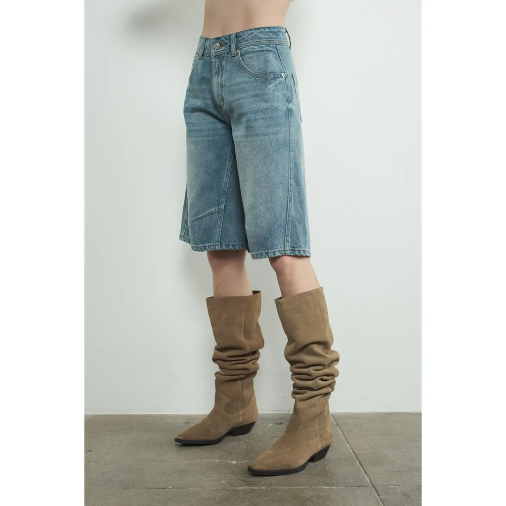 Denim Bermuda Shorts with Yoke Seam - MEDIUM WASH