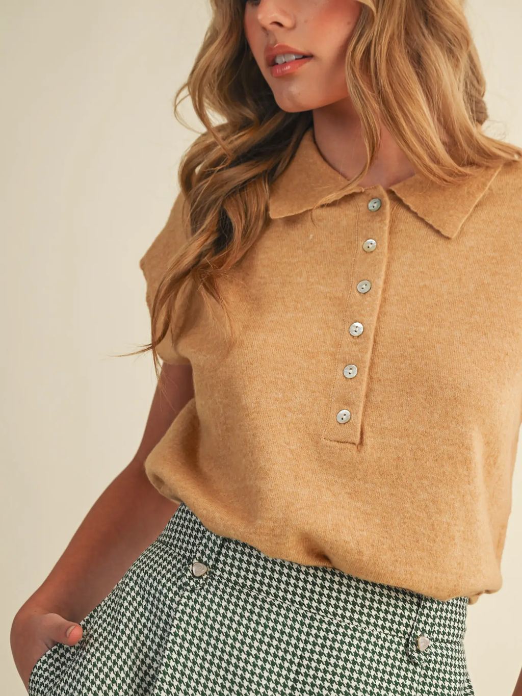 Cap Sleeve Collared Sweater Vest - OLIVE