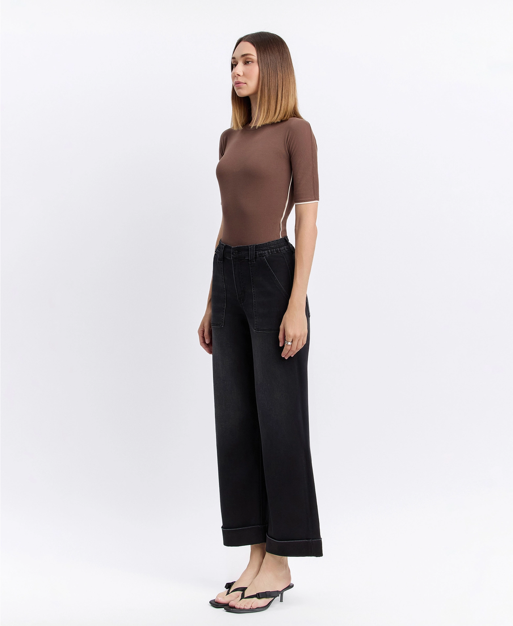 High Rise Cuffed Baggy Wide Jeans - Black