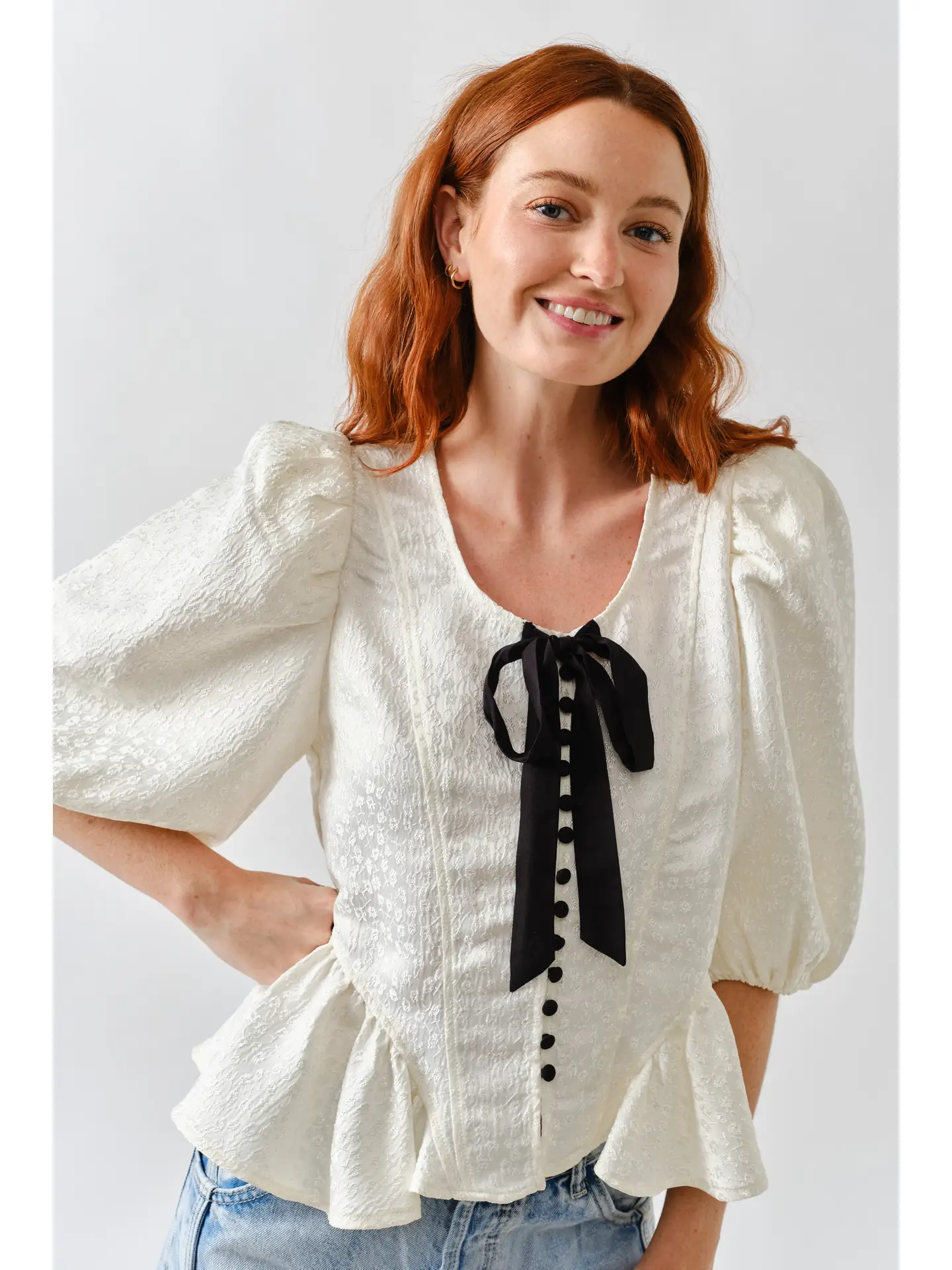 Jacquard Puffy Sleeve Bow Tie Top W/Ruffle Hem - Off White