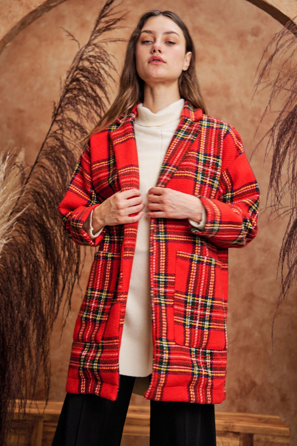 Multi Flannel Loose Fit Pocket Open Long Jacket - Red Multi