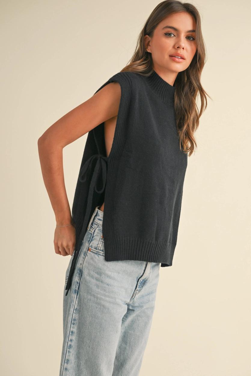 Mock Neck Tied On the Side Sweater Vest - Black