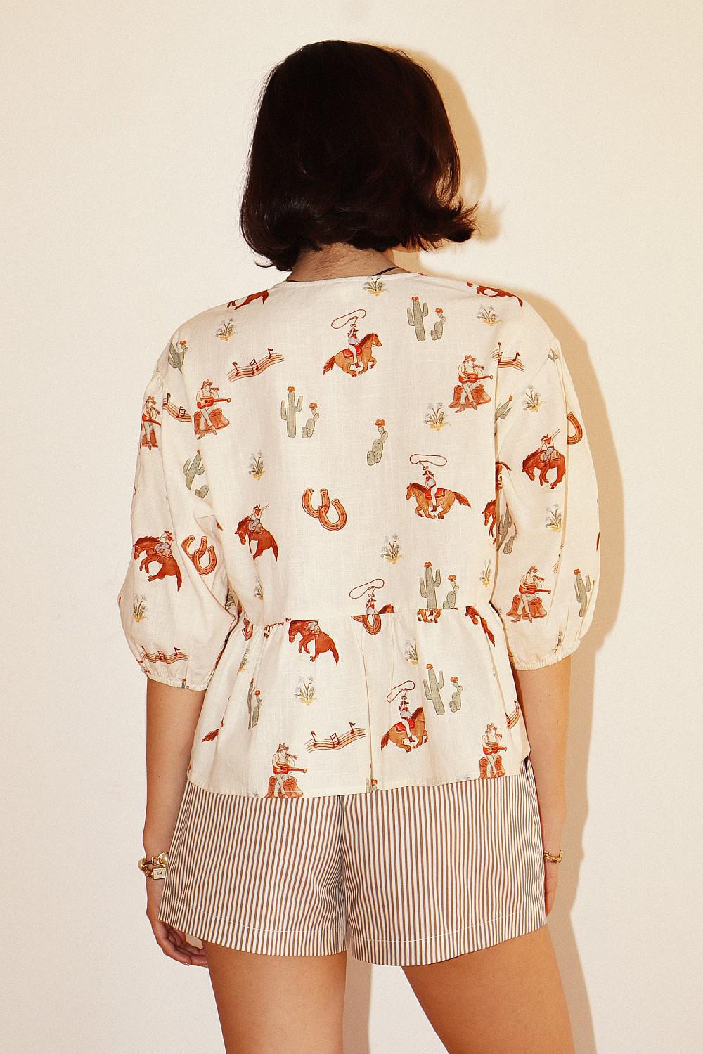 WESTERN PRINT FRONT TIE PEPLUM TOP - Cream