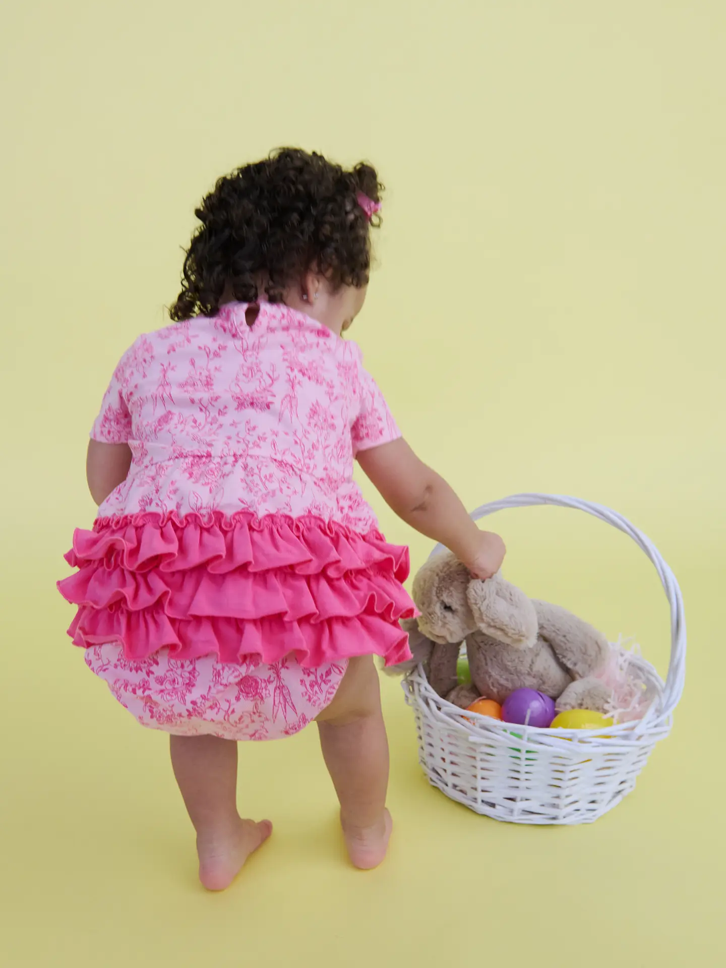 Baby Girls Pink Cottontail Toile Knit Short Sleeve Bow Bubble Romper