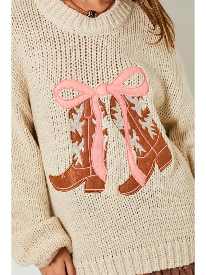 Cowboy Boots with Ribbon Knit Sweater