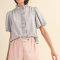 Striped Ruffled Button Down Top - AQUA SAND