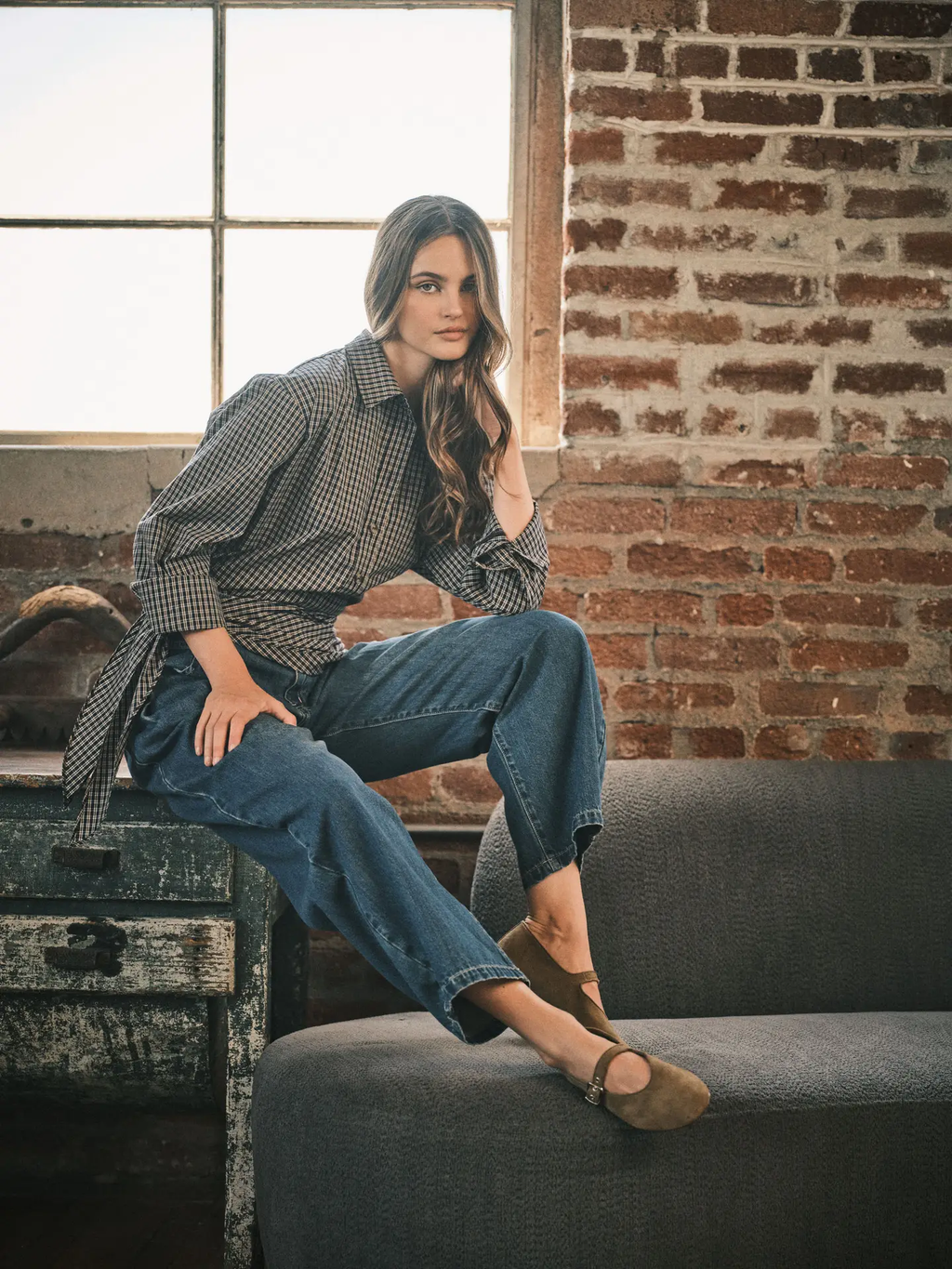 Vintage Washed Pleated Barrel Denim Pants