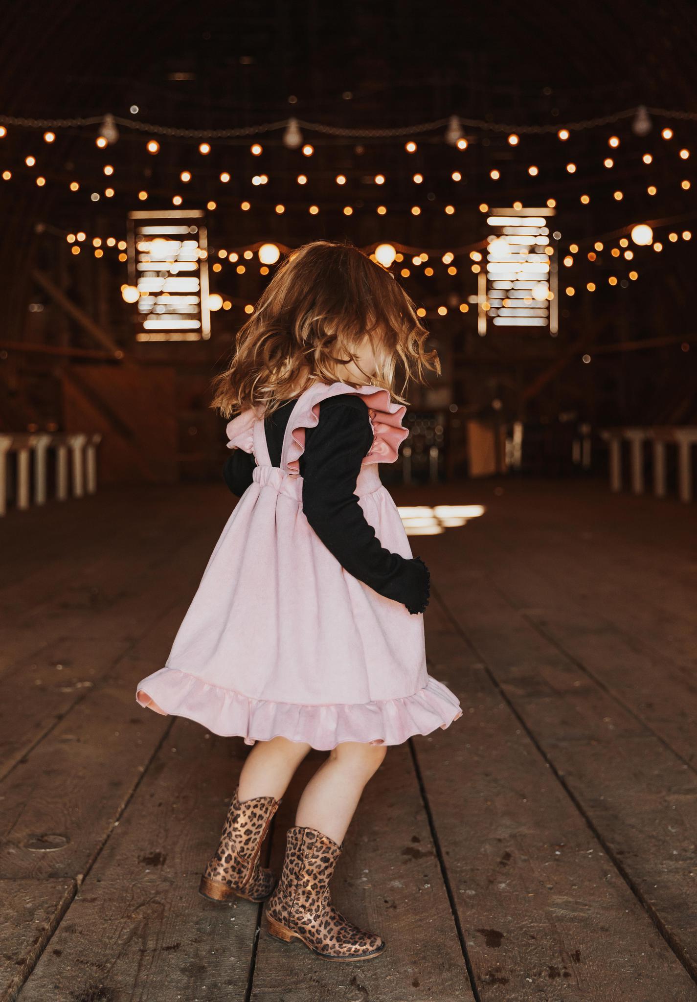 GIRLS PINK SUEDE RUFFLE GIRLS DRESS