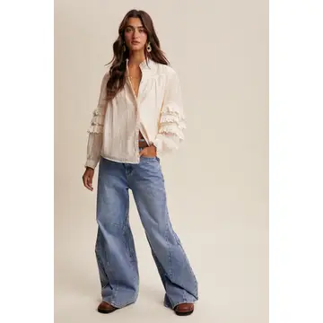 Lace Ruffle Sleeve Pintuck Blous - CREAM