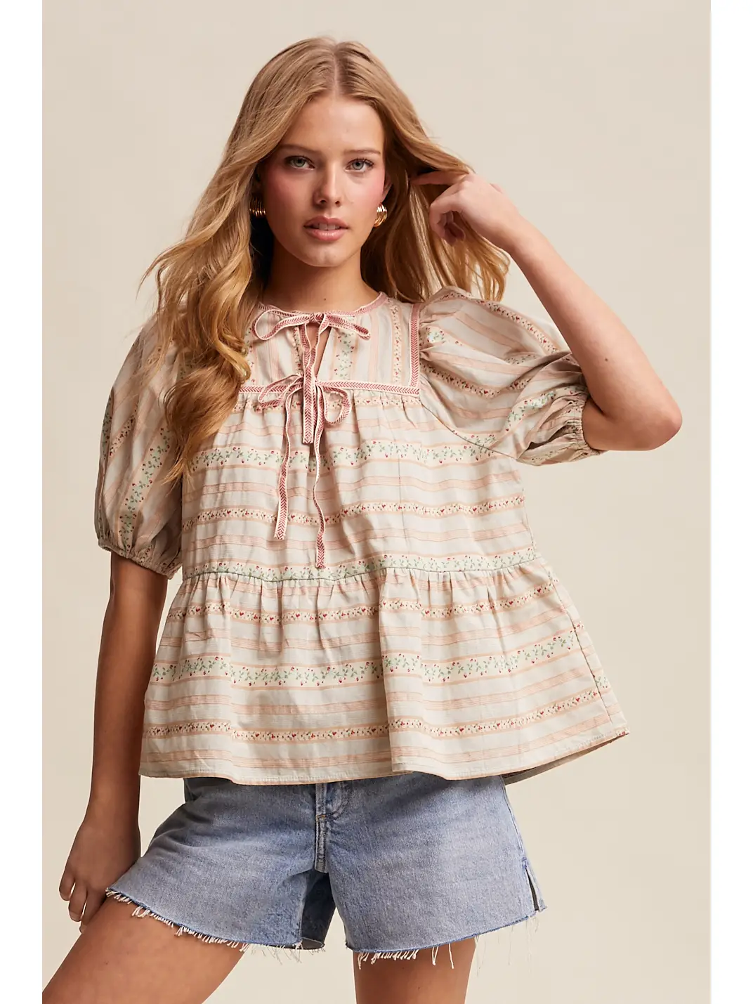 Striped Floral Lace Trim Peasant Blouse - TAUPE