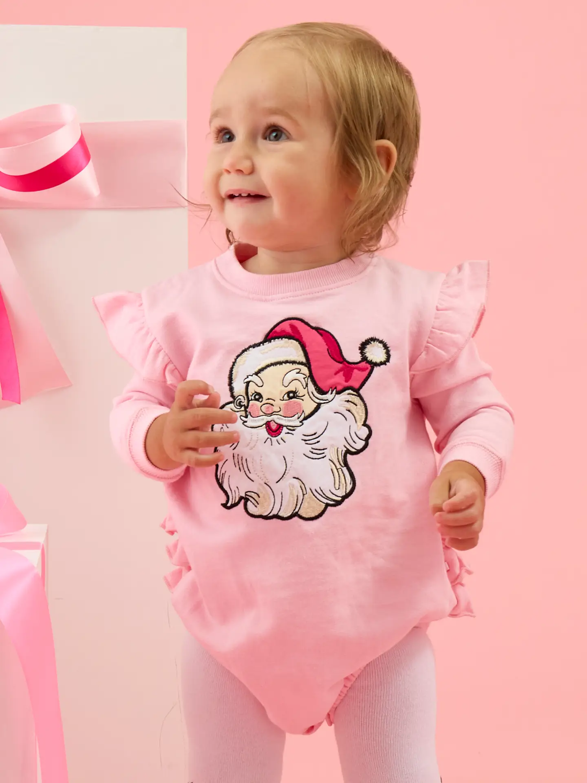 Baby Girls Pink Santa Joy Applique Sweatshirt Bubble Romper with Signature Rear Ruffles