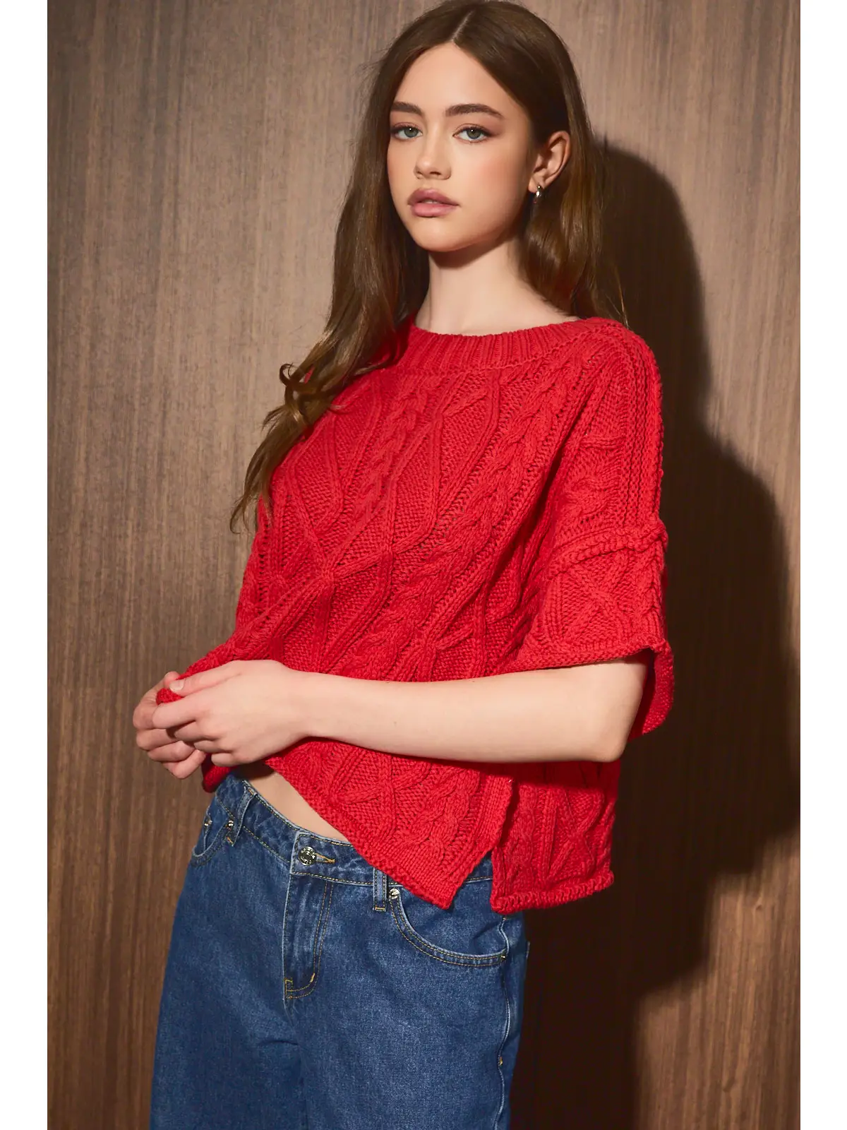 Cable Knit Short Sleeve Crew Neck Sweater Top - RED