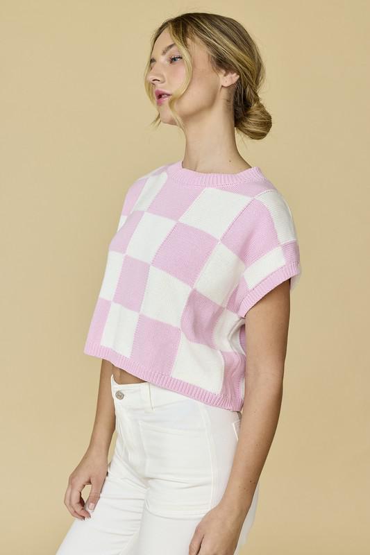 Hannah Loose Fit Checker Knit Top - Pink