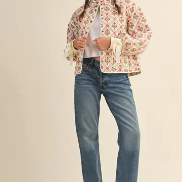 Floral Quilted Jacket with Ribbon Detail - IVORY RED