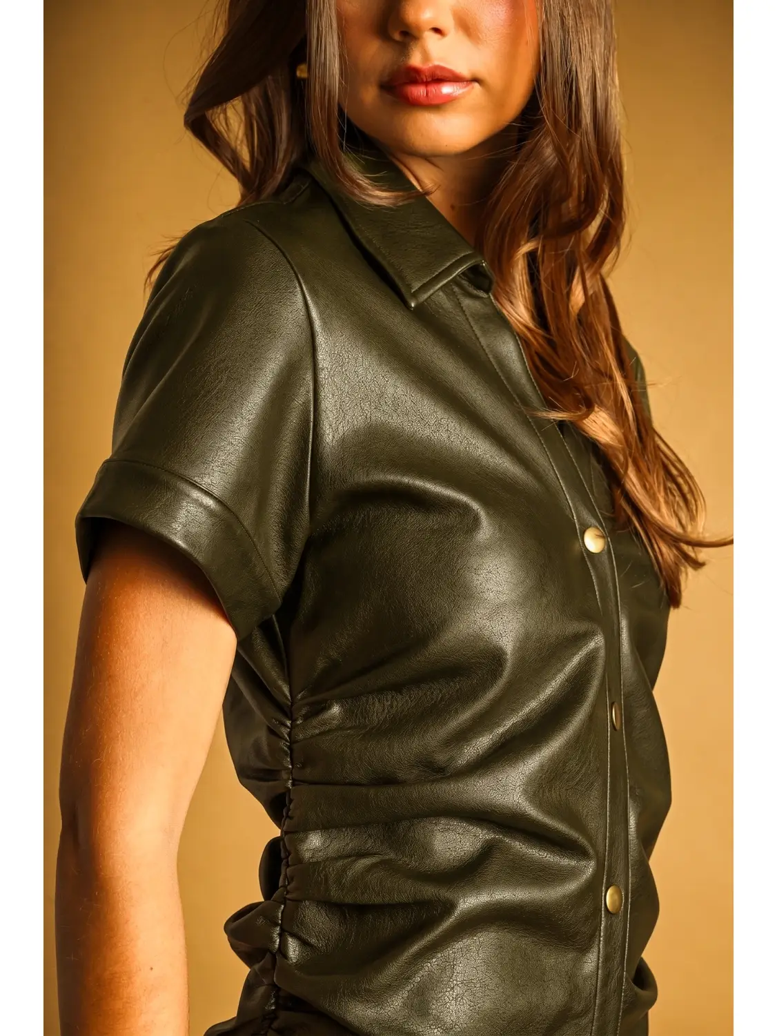 Faux Leather Buttondown Short Sleeve Dress - OLIVE