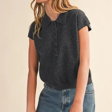 Cap Sleeve Collared Sweater Vest - BLACK