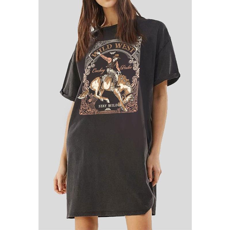 WILD WEST COWBOY RODRO GRAPHIC MINERAL WASHED DRESS - BLACK