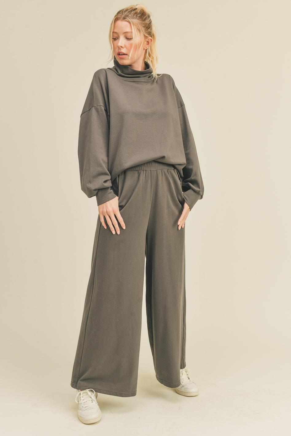 Grey Draped Mock Neck Top & Wide Leg Pant Set