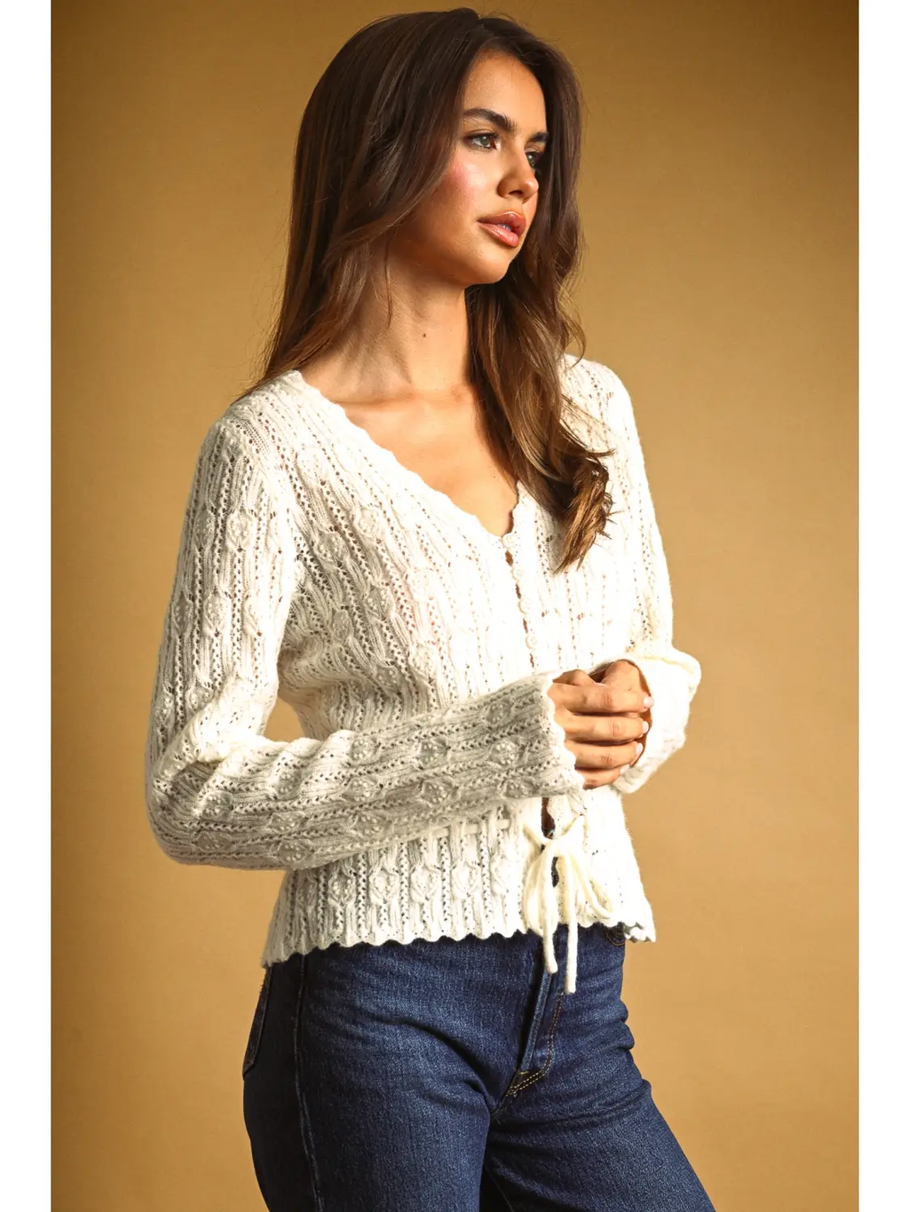 Lace Knit with Drawsting On Waist Knit Cardigan - CREAM